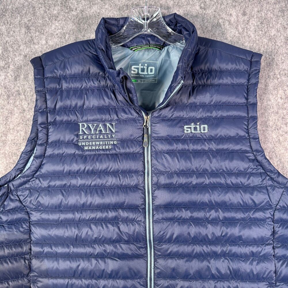 Stio Pinion Vest Mens XL Blue Goose Down Puffer Pertex Embroidered Company Logo